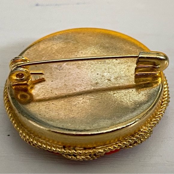 Vintage Italian Micro Mosaic Round Brooch Pin Red Blue Pink Flower Gold Tone - Picture 4 of 5